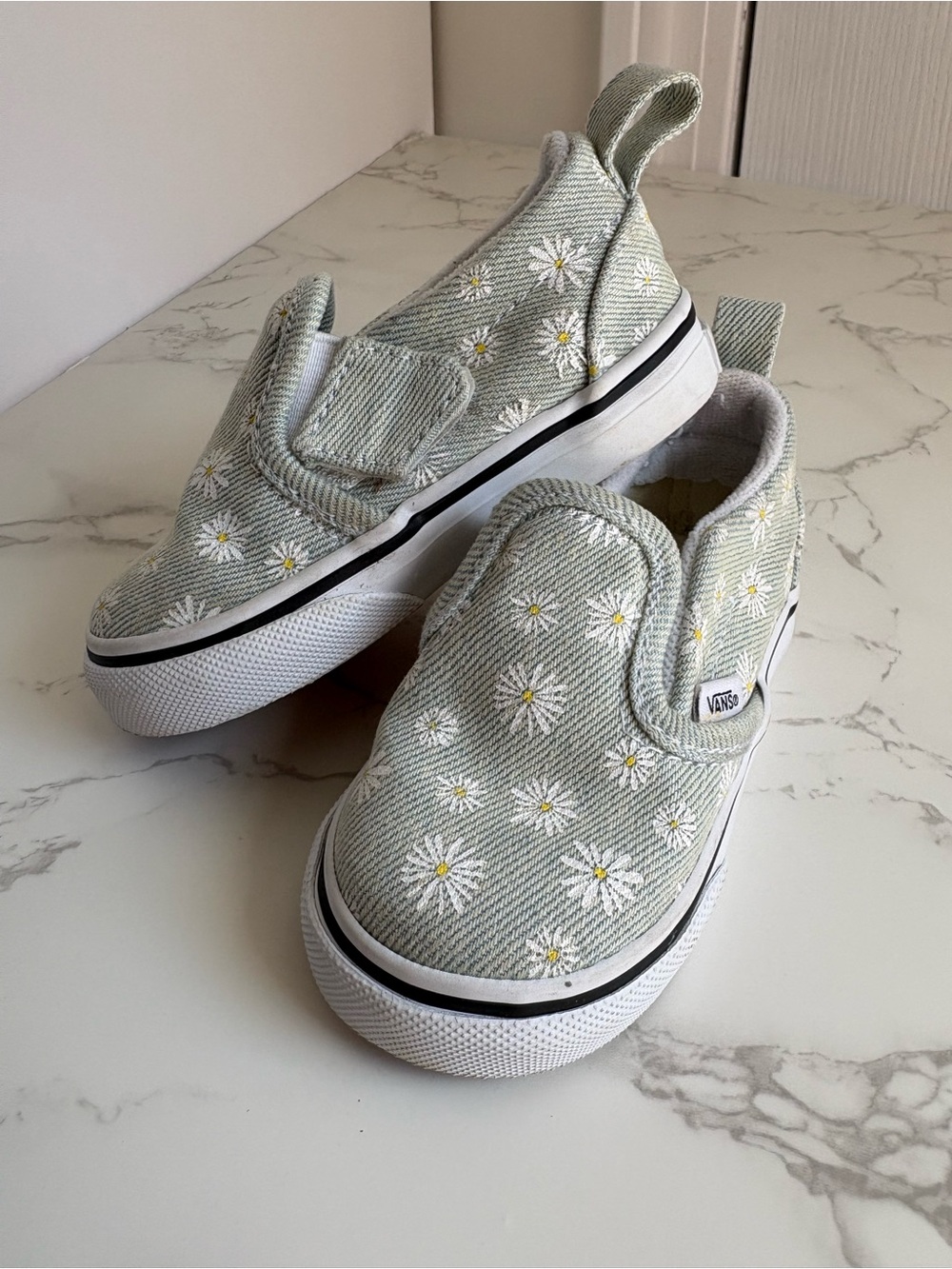 Vans Kids Slip-On Sneakers in Sage Green with White Daisy Embroidery